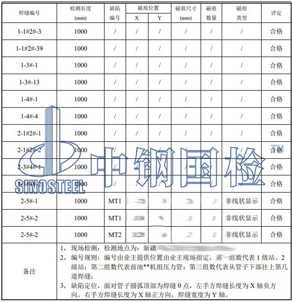 压力钢管检测项目结果