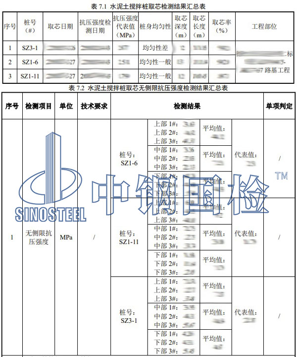 水泥搅拌桩检测项目结果